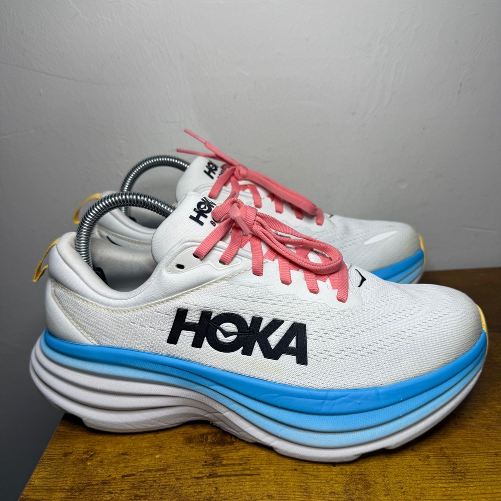 Hoka Bondi 8 Running Shoes Womens Size 8.5 White Blue Pink 1127952 BSW